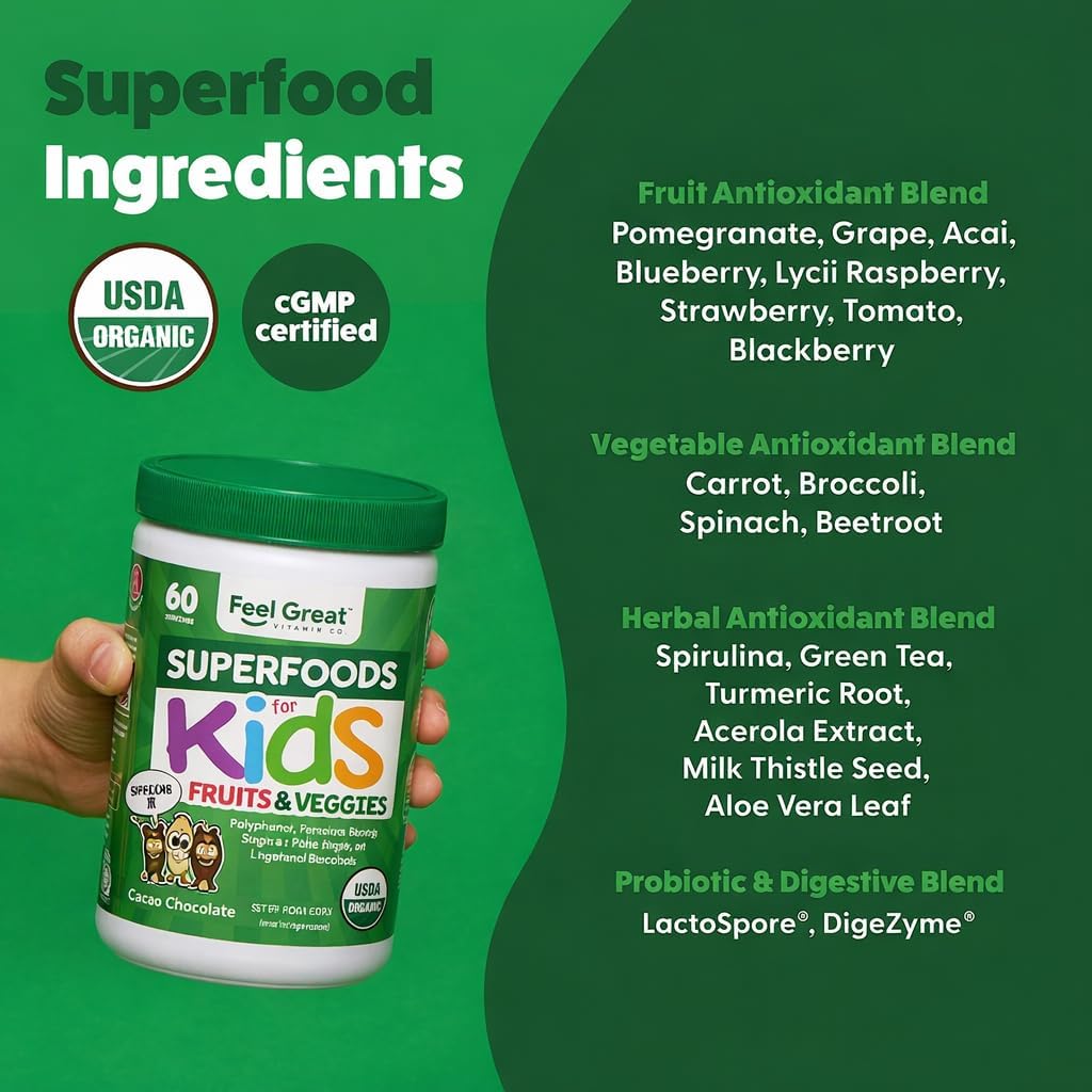 Feel Great Super Greens en Polvo Orgánico USDA para Niños, Sabor Chocolate, Suplemento de Frutas y Verduras con Probióticos y Enzimas Digestivas, 60 Días