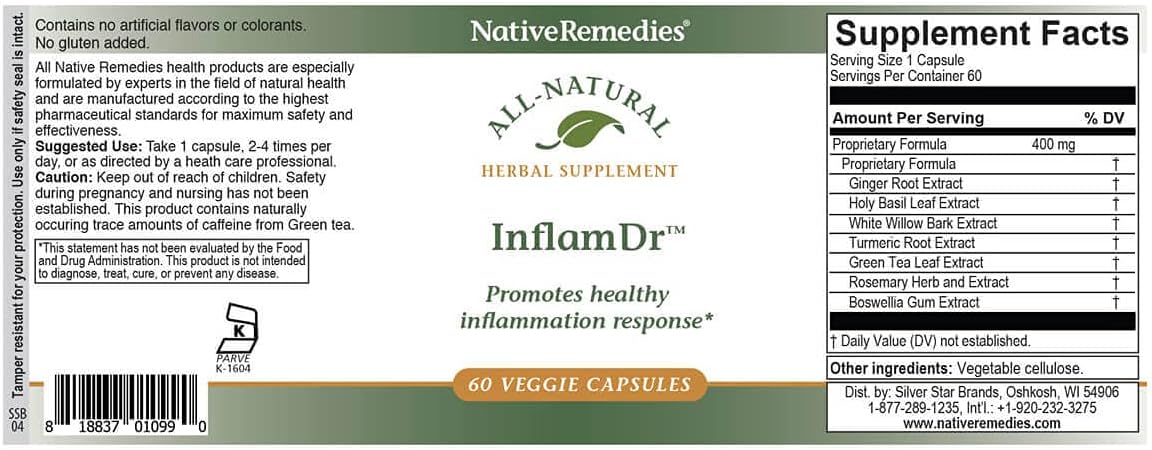 Native Remedies Inflam Dr. - Suplemento Herbal Natural para una Respuesta Inflamatoria Saludable - Ayuda a Combatir el Estrés Oxidativo - 60 Cápsulas Vegetales