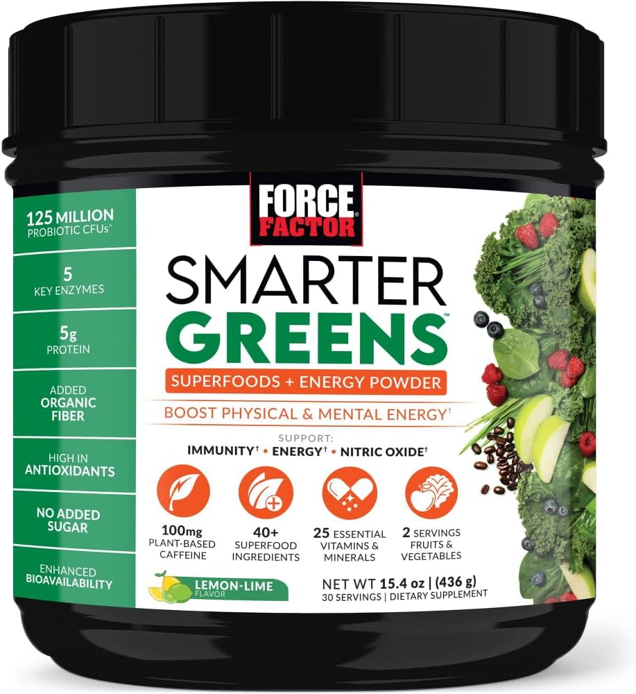 Force Factor Smarter Greens Superfoods + Energy Powder, Lima Limón, 30 porciones