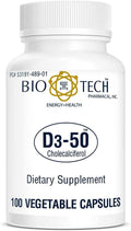 Bio-Tech Pharmacal D3-50 50,000 IU - 100 Cápsulas Vegetales - Suplemento de Vitamina D3
