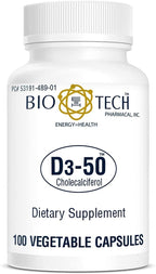 Bio-Tech Pharmacal D3-50 50,000 IU - 100 Cápsulas Vegetales - Suplemento de Vitamina D3