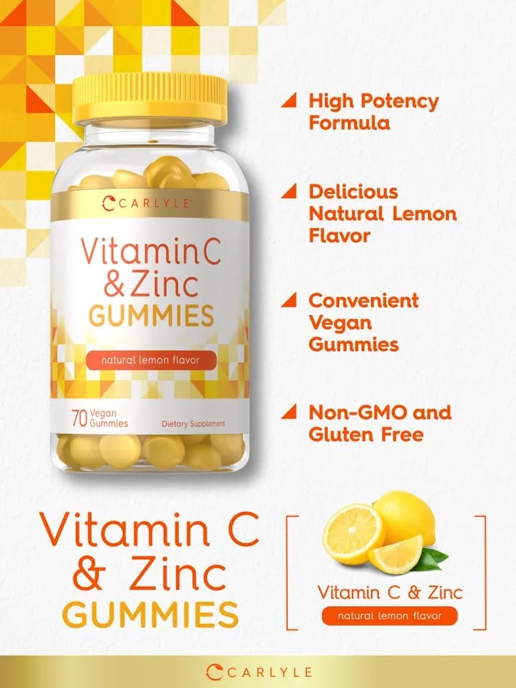Carlyle Gomitas de Vitamina C y Zinc, 70 unidades, Sabor Limón, Suplemento Vegano, Sin OGM y Sin Gluten