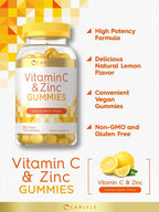 Carlyle Gomitas de Vitamina C y Zinc, 70 unidades, Sabor Limón, Suplemento Vegano, Sin OGM y Sin Gluten