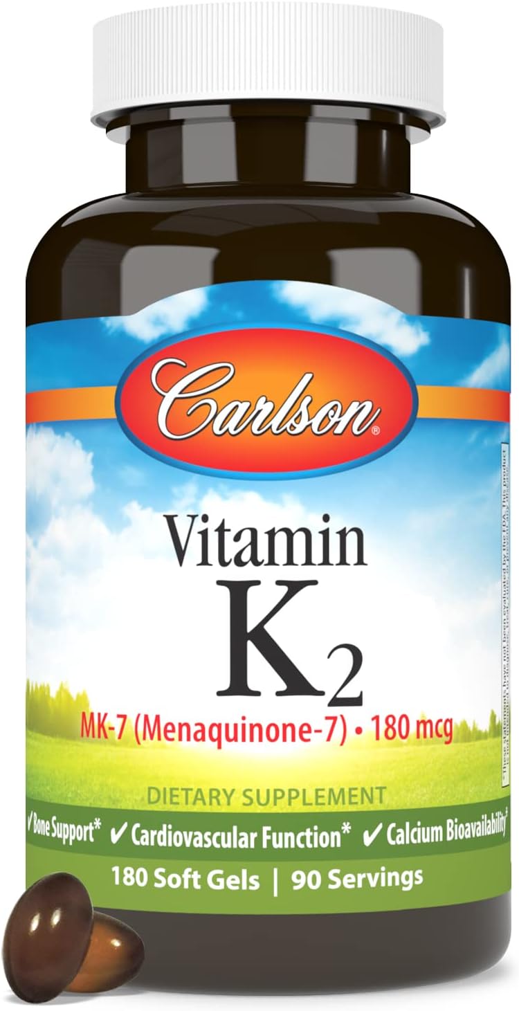 Carlson – Vitamina K2 MK-7 (Menaquinona), 180 mcg, Apoyo Óseo, 180 Cápsulas Blandas