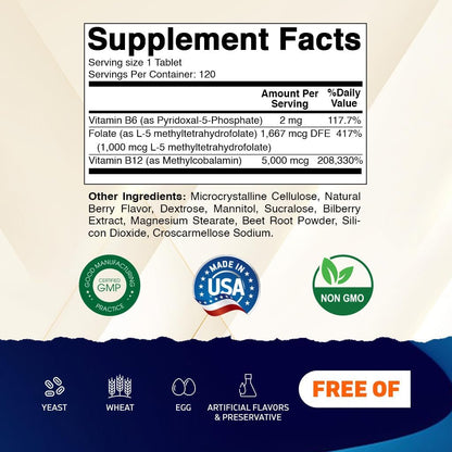 Vitamatic Metil Folato y B12 con P-5-P - 120 – Salud cardiovascular: La combinación de B12, folato y B6 ayuda a – Image 2