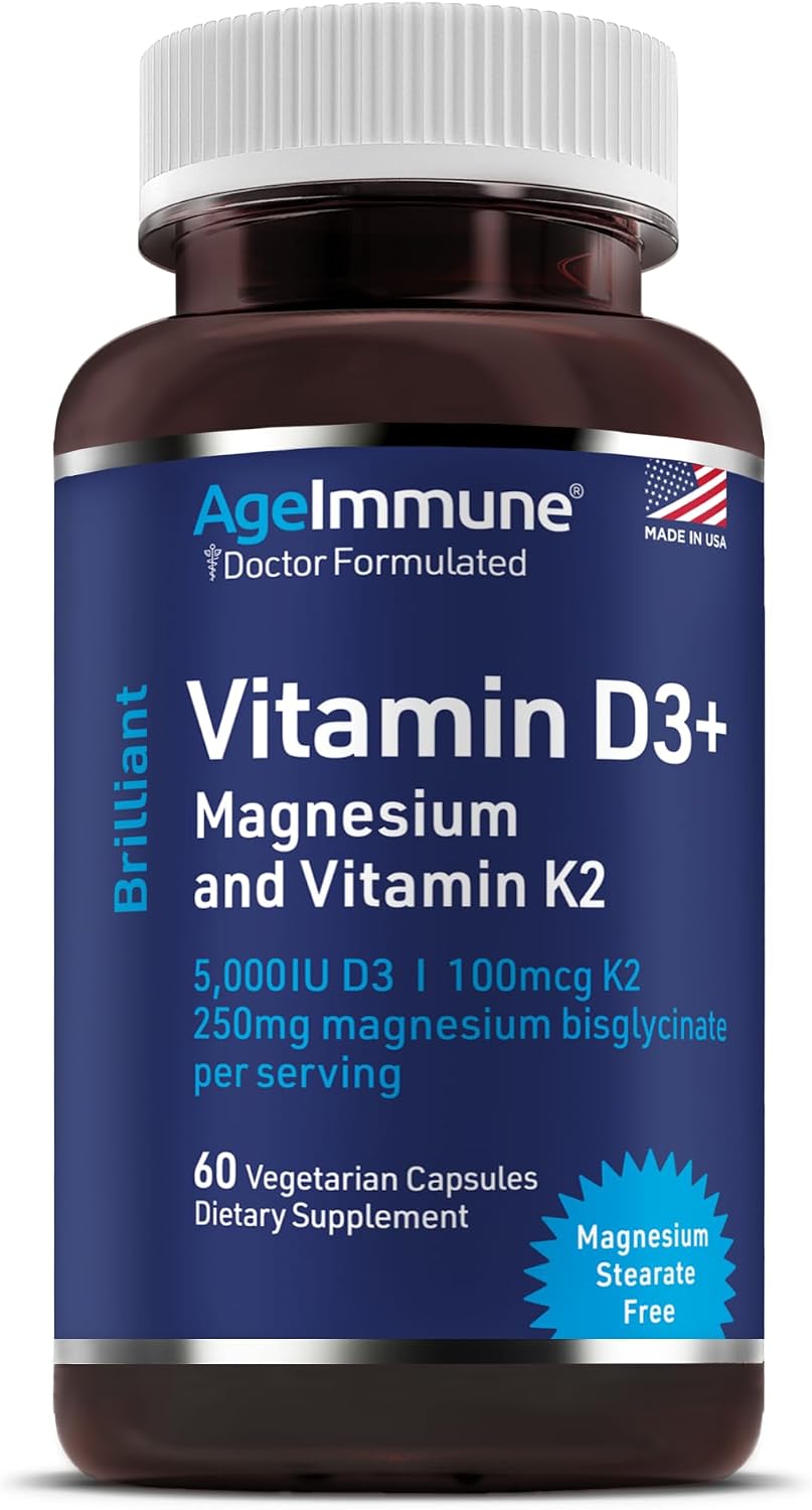 AgeImmune Brilliant D3+ Complex - 60 Cápsulas - 5000 UI Vitamina D3 + K2 + Magnesio Glicinato - Formulado por Médicos para Apoyo Óseo e Inmunitario - Sin Estearatos ni Dióxidos