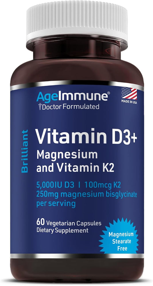 AgeImmune Brilliant D3+ Complex - 60 Cápsulas - 5000 UI Vitamina D3 + K2 + Magnesio Glicinato - Formulado por Médicos para Apoyo Óseo e Inmunitario - Sin Estearatos ni Dióxidos