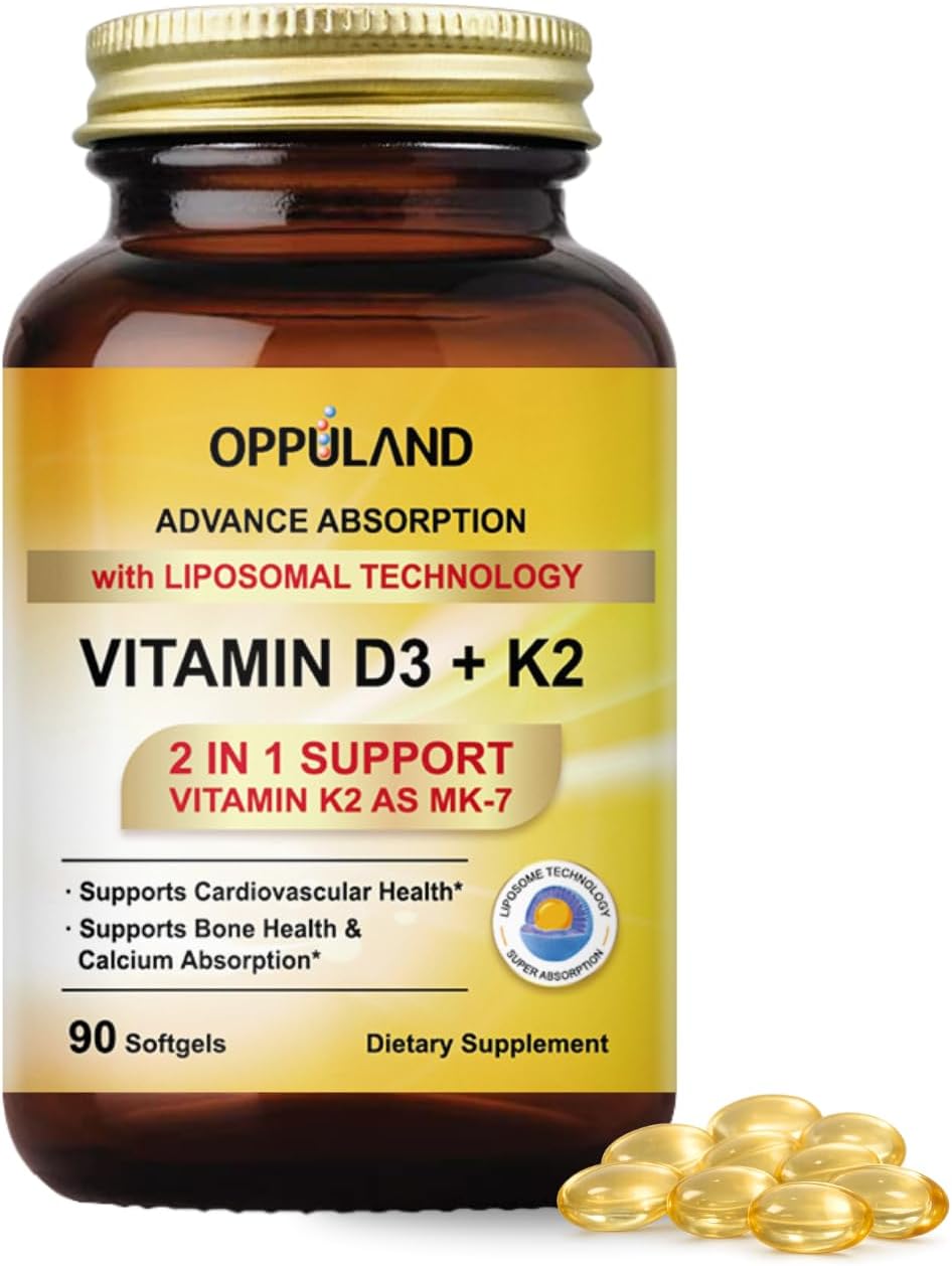 oppuland Vitamina D3 + K2 5000 UI - Tecnología Liposomal para Mayor Absorción - MK-7 Vitamina K2 100mcg - Ayuda al Metabolismo Óseo y del Calcio - 90 Cápsulas Blandas