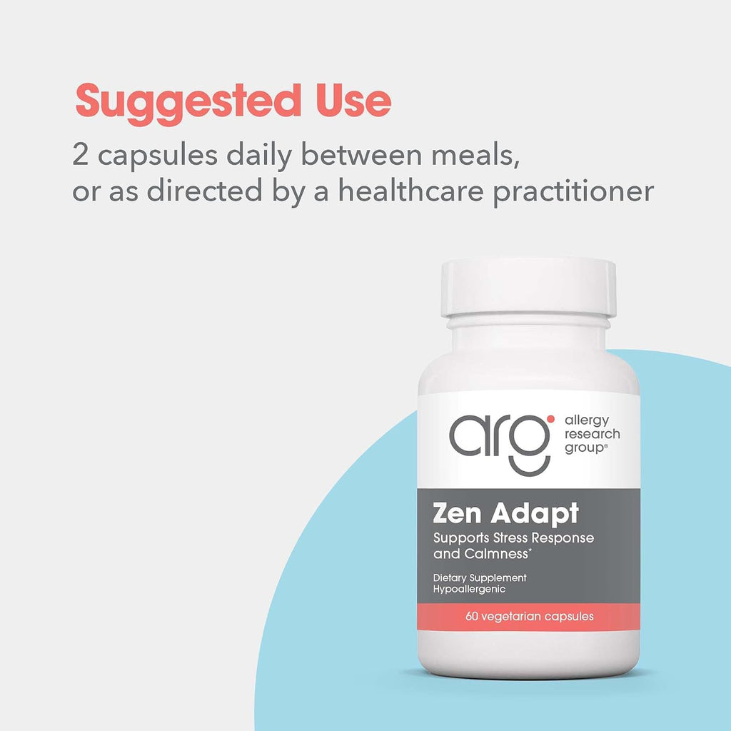 Allergy Research Group Zen Adapt - 200 mg L-Teanina, 125 mg Ashwagandha y 550 mg GABA - Apoyo al Estrés y la Calma - Cápsulas Vegetarianas - Fórmula Hipoalergénica - 60 Cápsulas