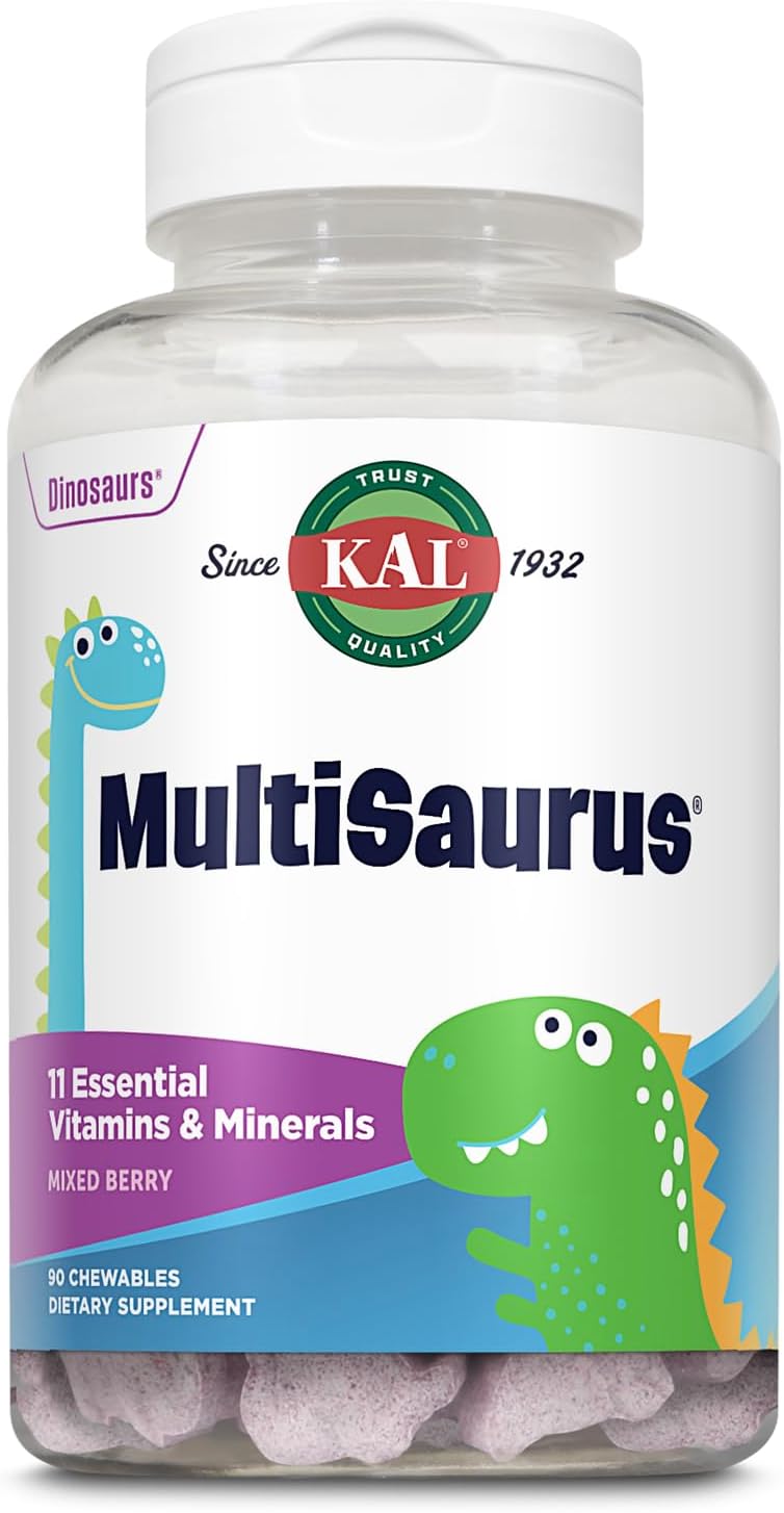 KAL MultiSaurus Multivitamínico Infantil Masticable, 11 Vitaminas y Minerales, Sabor Bayas, 60 Comprimidos