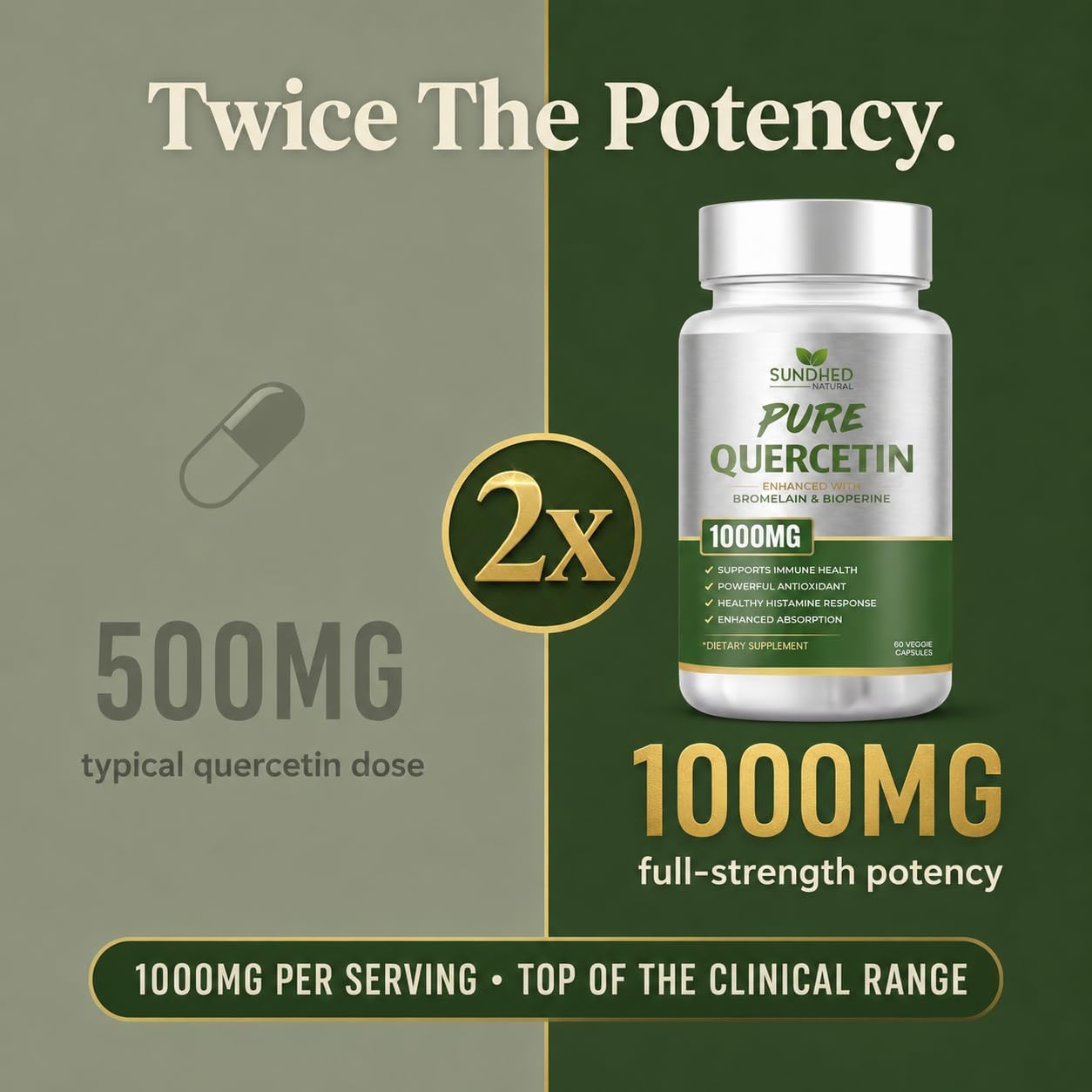 Sundhed Natural Quercetina Pura con Bromelina y Bioperina - 1000 mg, 60 Cápsulas