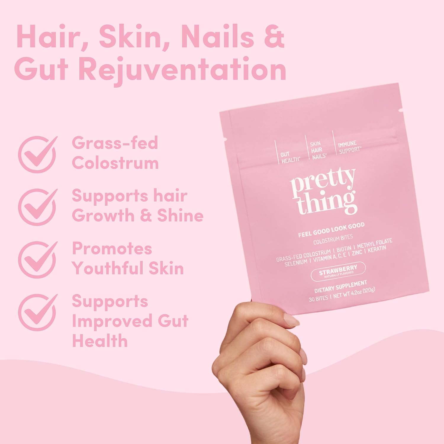 Pretty Thing Colostrum Bites para Mujer – 1g de Calostro Bovino con Biotina, Folato, Zinc y Vitaminas A, C, E – Suplemento de Belleza y Bienestar para Cabello, Piel y Sistema Inmunitario - 30 Bites