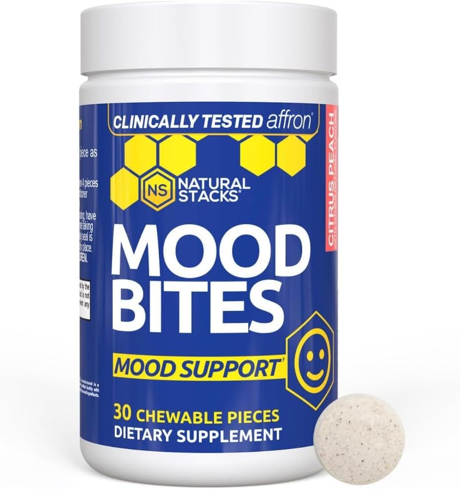 Mood Bites - Suplemento de Azafrán y Vitamina B3 para el Estado de Ánimo y Estrés - 30 Comprimidos Masticables Sabor Melocotón Cítrico