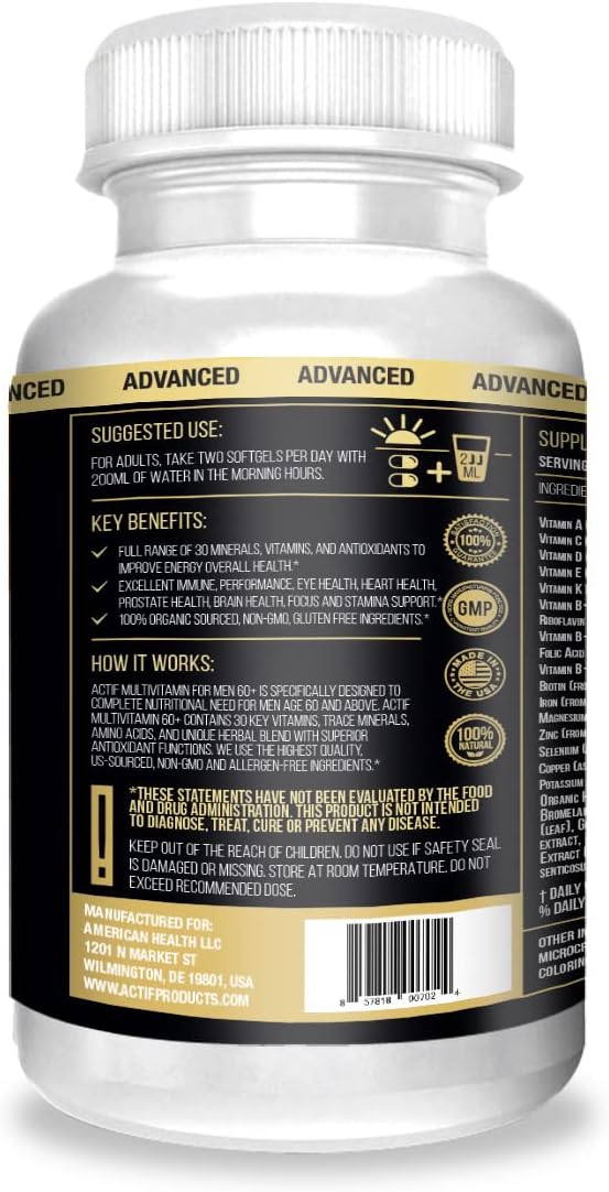 Actif Multivitamínico para Hombres Mayores de 60 Años con 30 Vitaminas y Hierbas Orgánicas, No Transgénico, 120 Comprimidos