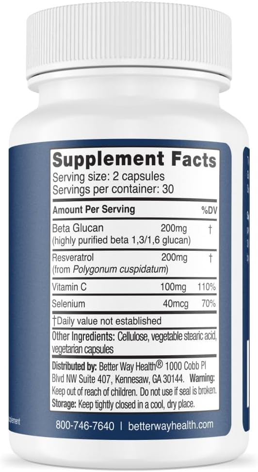 Better Way Health Advanced Immune Readiness – Beta Glucano 1,3/1,6 con Vitamina C, Selenio y Resveratrol – 60 Cápsulas