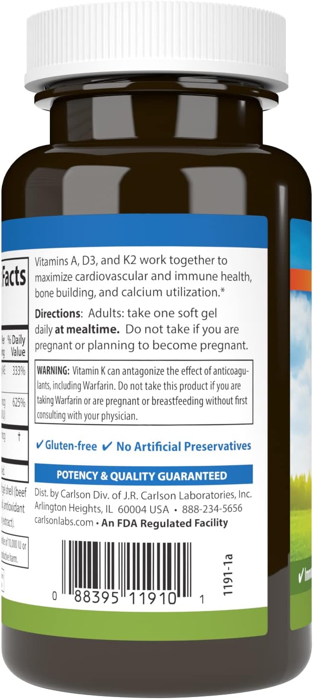 Carlson - Vitaminas A, D3, K2, 3000 mcg RAE Vitamina A, 125 mcg Vitamina D3, 90 mcg Vitamina K2 como MK-7, 120 Cápsulas Blandas