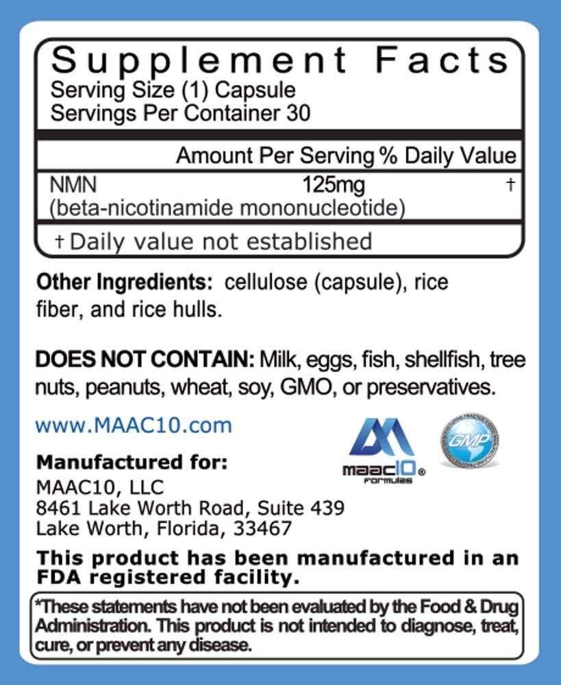 MAAC10 NMN Suplemento de Mononucleótido de Nicotinamida (NMN 125mg Cápsulas) - 30 Unidades