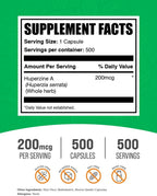 BulkSupplements.com Huperzina A 200mcg Cápsulas - Bienestar General, Suplemento de Huperzina A - Sin Gluten, 1 Cápsula por Ración, 500 Unidades (Envase de 1)