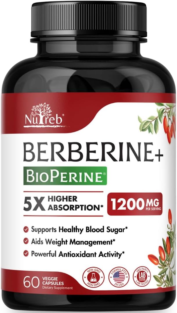 Suplemento de Berberina 1200 mg - 5x Mayor Absorción con BioPerine - Berberina HCL Ultra Pura 98% - 60 Cápsulas Veganas