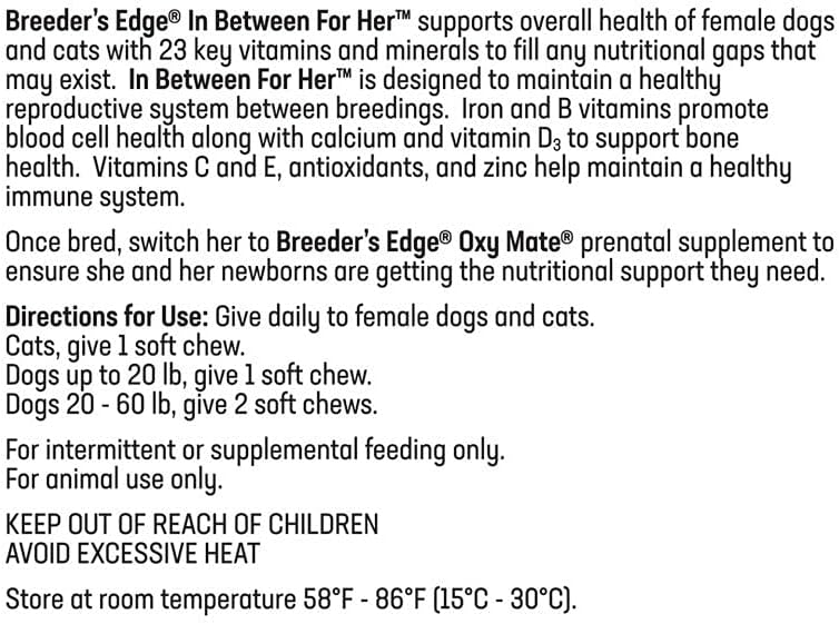 Breeder's Edge In Between for Her, Suplemento multivitamínico diario para perros y gatos reproductores, 90 comprimidos para gatos y perros pequeños