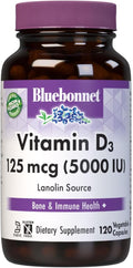 Bluebonnet Vitamina D3 5000 UI – 120 Cápsulas Vegetales – Sin Soya, Sin Gluten, No-GMO