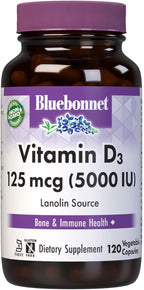 Bluebonnet Vitamina D3 5000 UI – 120 Cápsulas Vegetales – Sin Soya, Sin Gluten, No-GMO