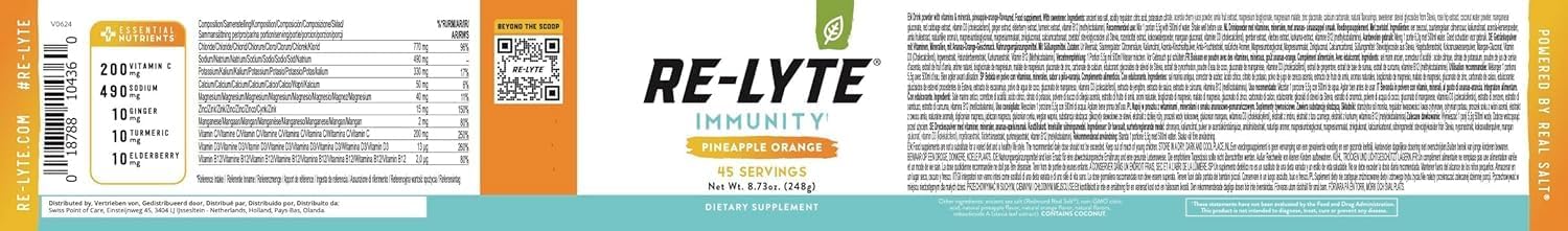REDMOND Re-Lyte Immunity, Mezcla de Multivitaminas y Electrolitos (Piña Naranja)