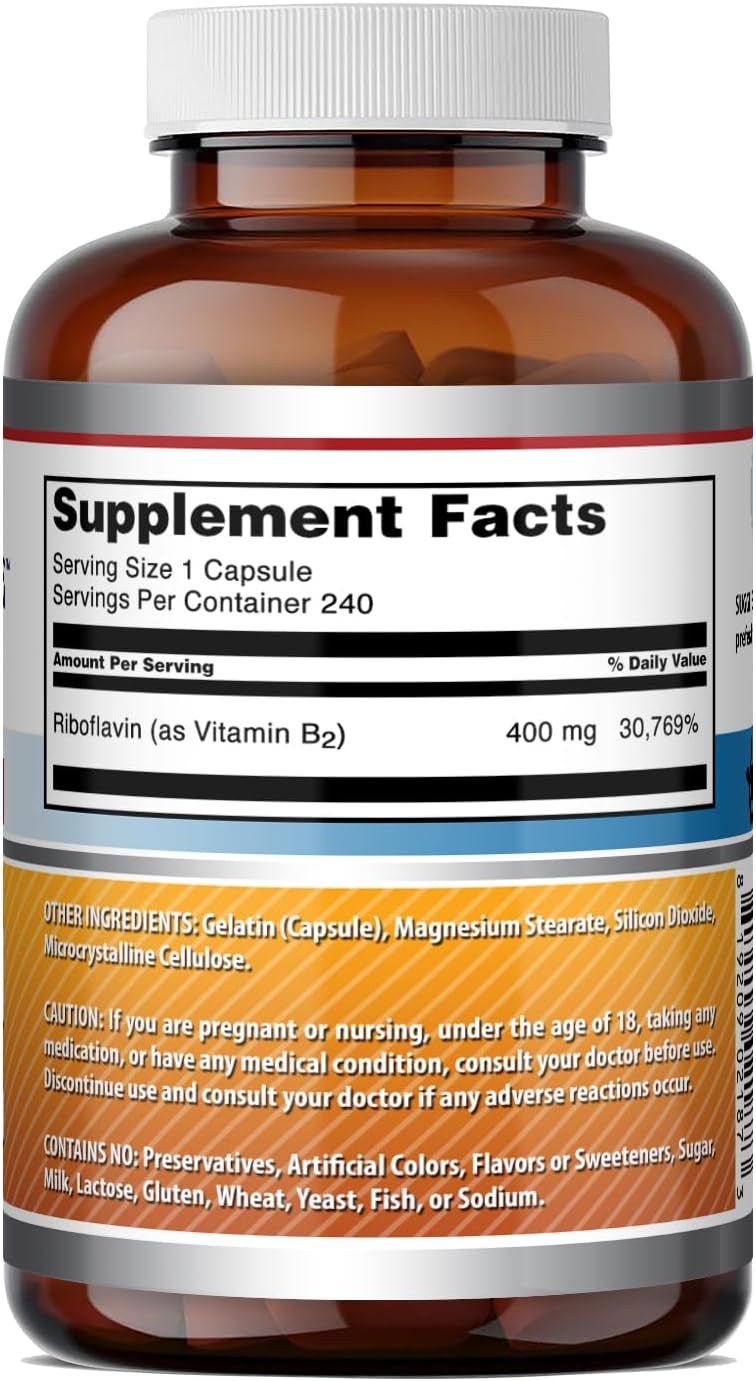 Amazing Formulas Riboflavina 400 mg Cápsulas | Suplemento de Vitamina B2 | No OGM | Sin Gluten | 240 Cápsulas