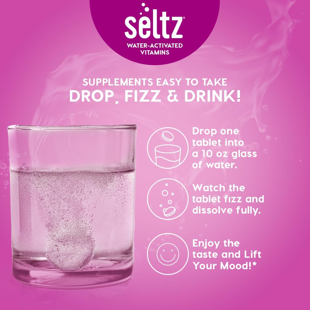 Seltz Mood Support Drink Tablets, Effervescent Tablets to Lift Your Mood, Saffron Supplement, with L-Tryptophan B3, B6, B12, Mood and Energy Support, Cherry Vanilla Flavor, 120 Tabs 6 Pack