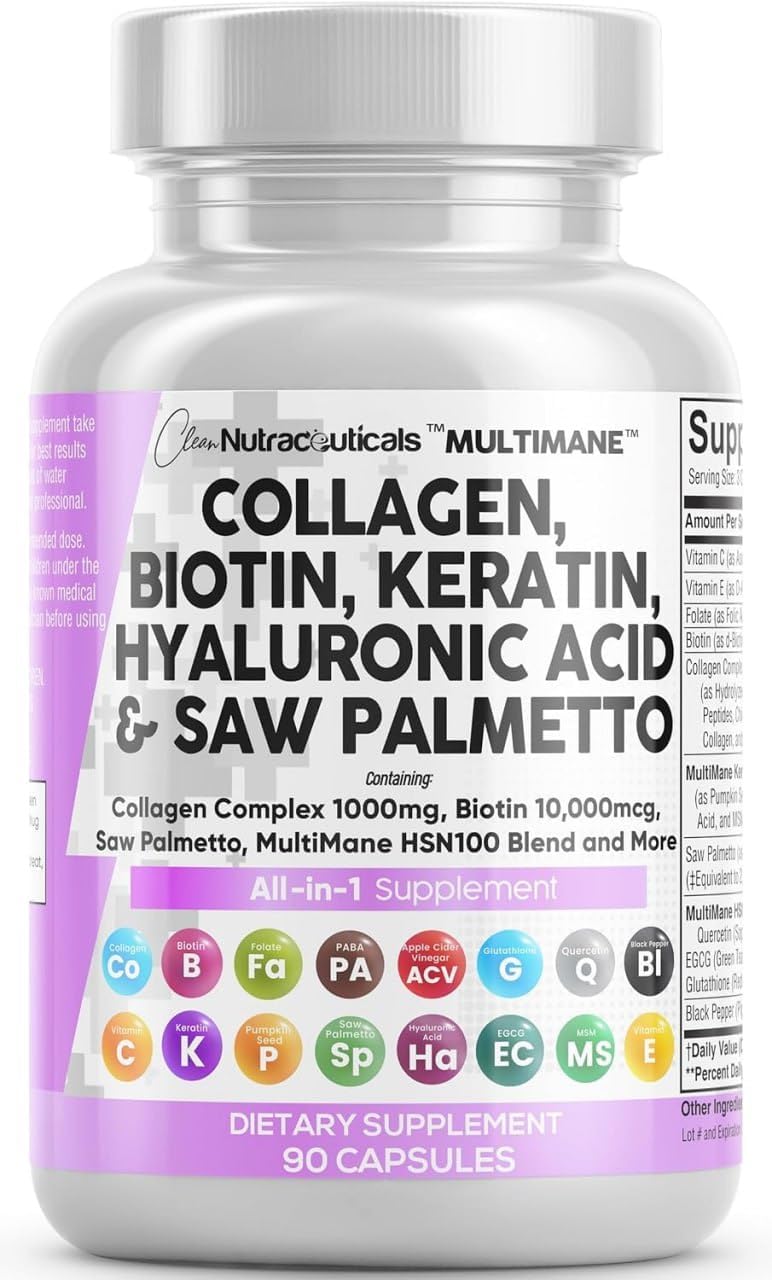 Clean Nutraceuticals Colágeno con Biotina 10000mcg, Queratina, Saw Palmetto, Ácido Hialurónico - 90 Cápsulas
