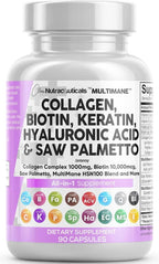Clean Nutraceuticals Colágeno con Biotina 10000mcg, Queratina, Saw Palmetto, Ácido Hialurónico - 90 Cápsulas