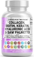 Clean Nutraceuticals Cápsulas de Colágeno 1000mg con Biotina 10000mcg, Keratina, Saw Palmetto y Ácido Hialurónico - 90 Cápsulas