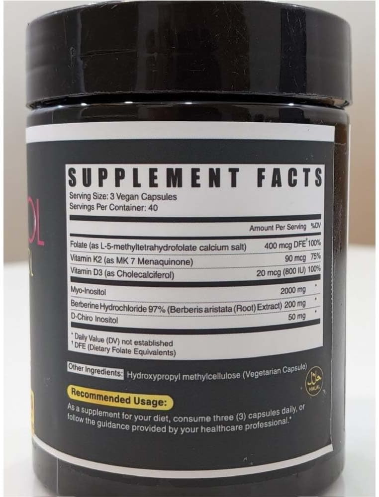 Herbpy 6en1 Premium Inositol 40:1 Myo-Inositol y D-Chiro Inositol con Folato, Berberina, Vitamina D3 y K2 - 120 Cápsulas Veganas