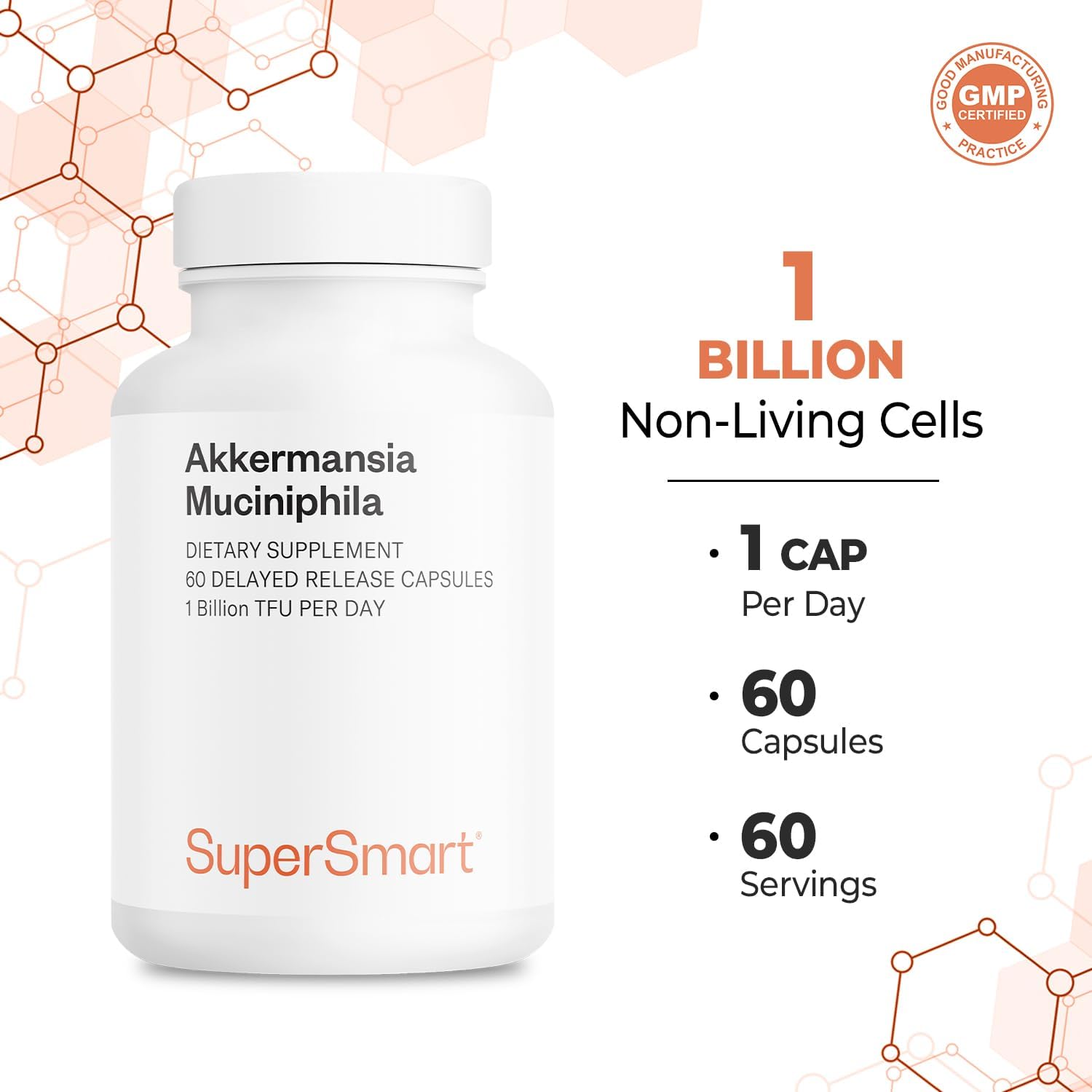 Supersmart Akkermansia Muciniphila 1 Billion TFU - Postbiótico Pasteurizado - 60 Cápsulas de Liberación Retardada