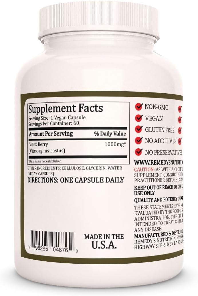 Vitex Berry (Chasteberry) | 1,000 mg, 60 Cápsulas Veganas | Suplemento Herbal | Dos Meses de Suministro
