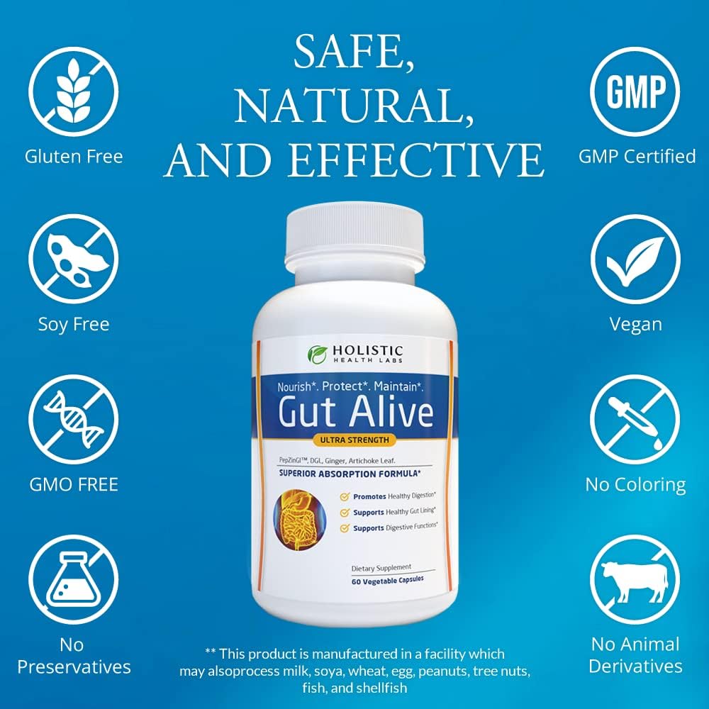 Holistic Health Labs Gut Alive - Apoyo Natural contra el Ardor, Indigestión e Hinchazón (60 Cápsulas)