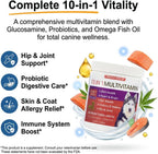 Freydell Pets Suplemento Multivitamínico 10-en-1 para Perros – Glucosamina y Condroitina, Probióticos, Omega-3 para Articulaciones, Digestión y Piel (120 masticables)