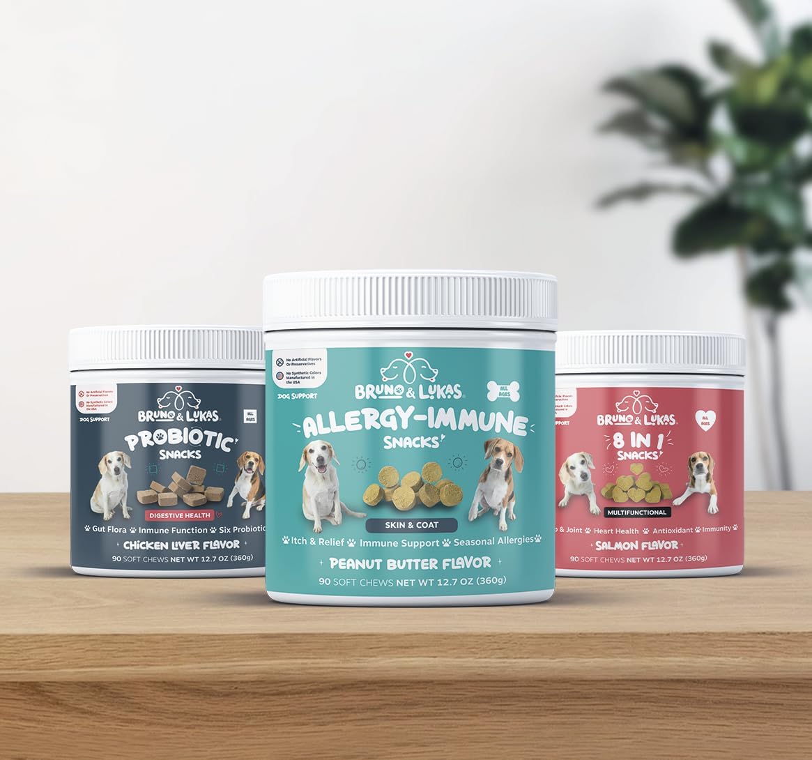 Multivitamin, Probiotics & Allergy Relief Chews for Dogs – 12-in-1 Daily Supplement with Omega 3, Colostrum & Antioxidants – Gut Health, Seasonal Allergy & Itch Support, Immune, Skin & Coat (90 Chews)