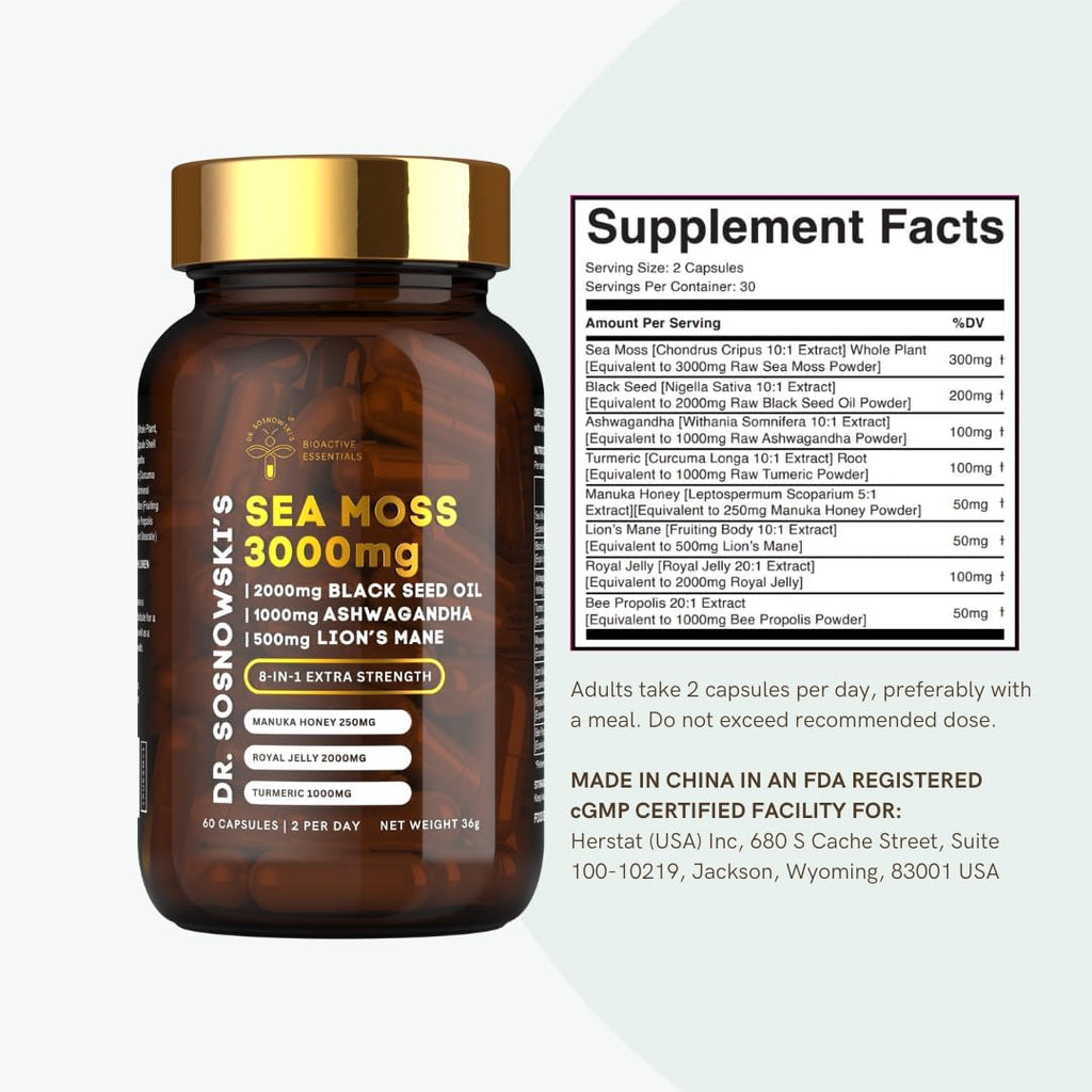 Dr Sosnowski's BioActive Sea Moss | Fórmula 8-en-1 con Musgo Marino, Semilla Negra, Ashwagandha, Cúrcuma, Miel de Manuka, Melena de León, Jalea Real y Propóleo de Abeja | 60 Cápsulas