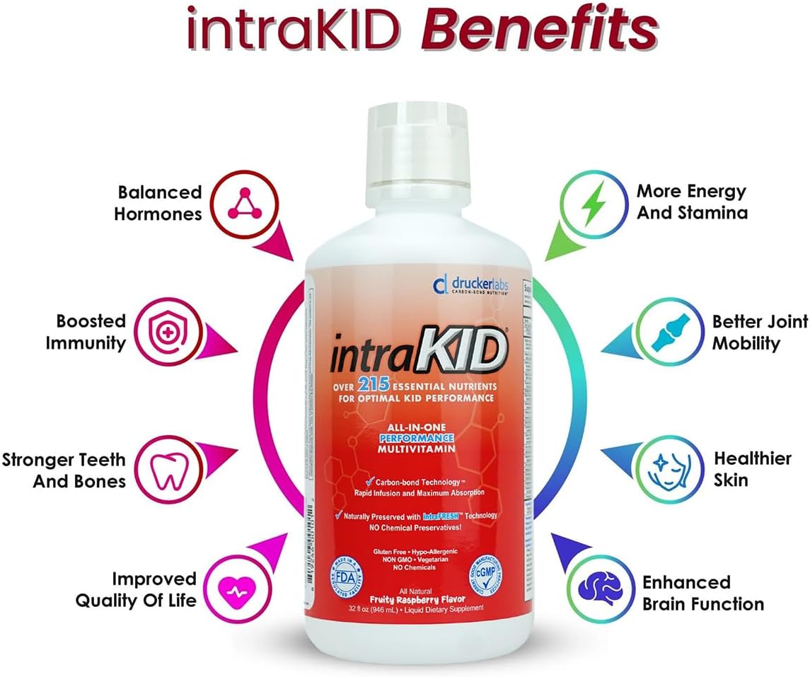 intraKID Multivitamínico Líquido Orgánico para Niños - 946 ml - Sabor Frambuesa
