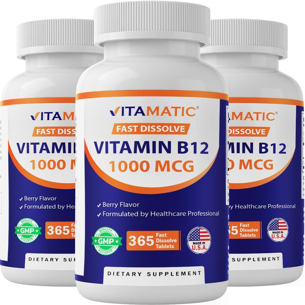 Vitamatic Vitamina B12 1000 mcg - 365 Comprimidos de Disolución Rápida - Sabor Natural a Bayas