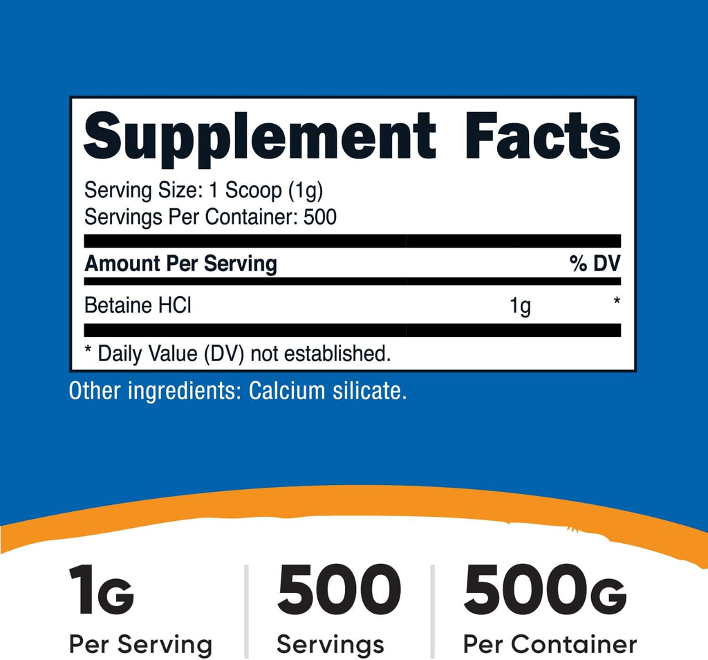 Nutricost Betaína HCl en Polvo 500 g - Sin Gluten, Sin OGM