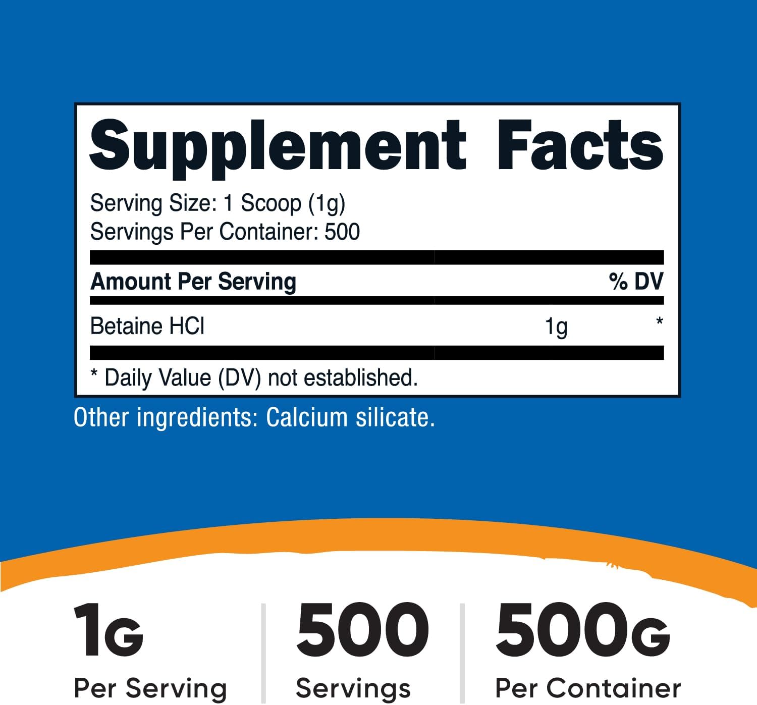 Nutricost Betaína HCl en Polvo 500 g - Sin Gluten, Sin OGM