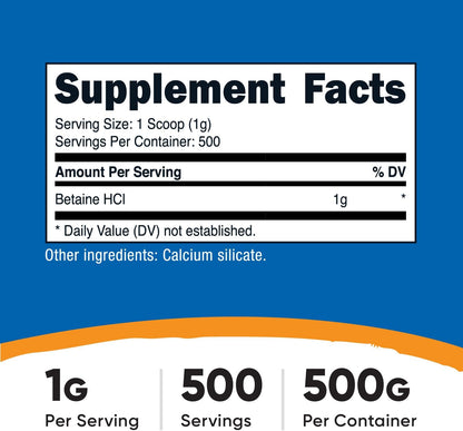 Nutricost Betaína HCl en Polvo 500 g - Sin Gluten, No-GMO – Image 2