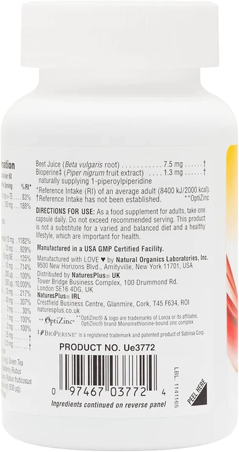 NaturesPlus Hema-Plex Iron - Hierro Quelado 85 mg con Vitamina C y Bioflavonoides - 60 Cápsulas - Vegano, Sin Gluten