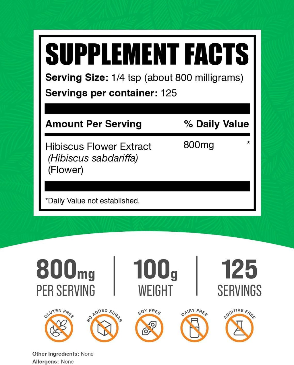 Extracto de Flor de Hibisco en Polvo - Suplemento Herbal Vegano, Sin Gluten, 800mg por Dosis (100g)