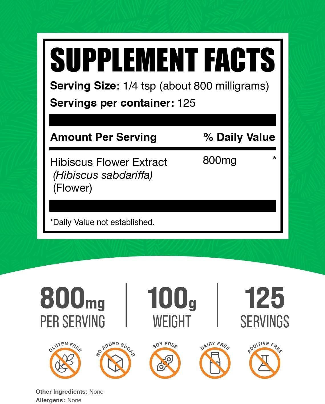 Extracto de Flor de Hibisco en Polvo - Suplemento Herbal Vegano, Sin Gluten, 800mg por Dosis (100g)