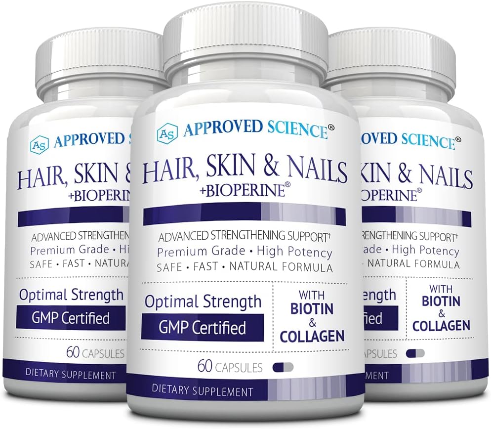 Approved Science Cabello, Piel y Uñas - Complemento con Biotina, Colágeno, Complejo B, Sílice, BioPerine - 180 Cápsulas