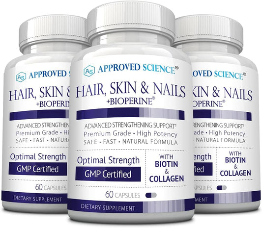 Approved Science Cabello, Piel y Uñas - Complemento con Biotina, Colágeno, Complejo B, Sílice, BioPerine - 180 Cápsulas