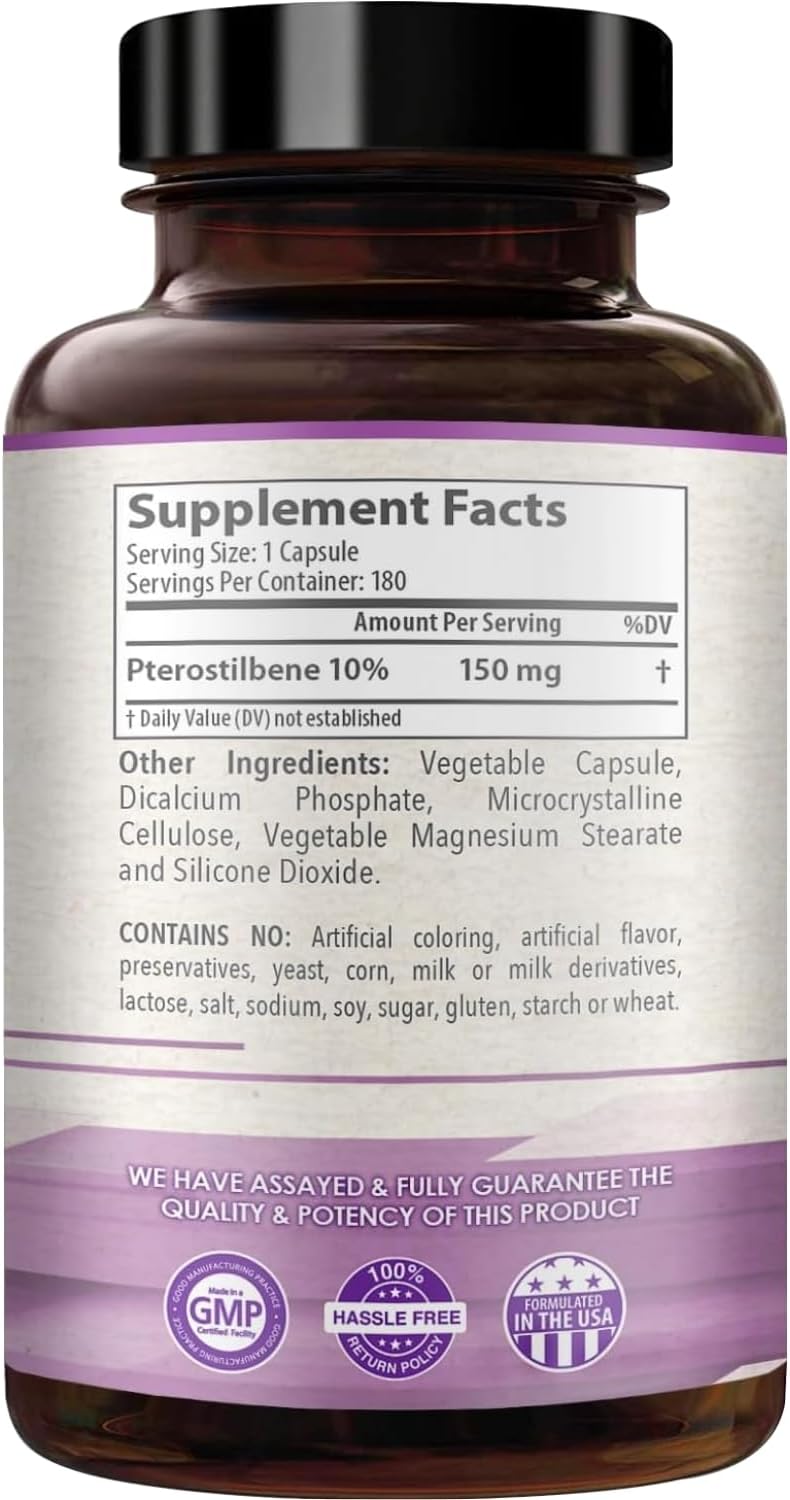 Pterostilbeno 150 mg - Suplemento Antioxidante, 180 Cápsulas